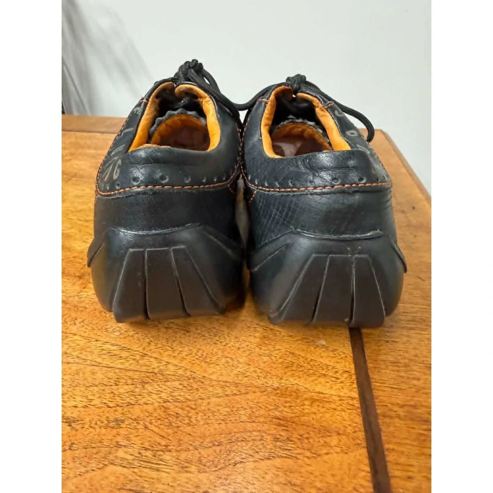 John Fluevog Mens 8 Future Angel Black‎ Leather Orange Stitch Square Toe Shoes